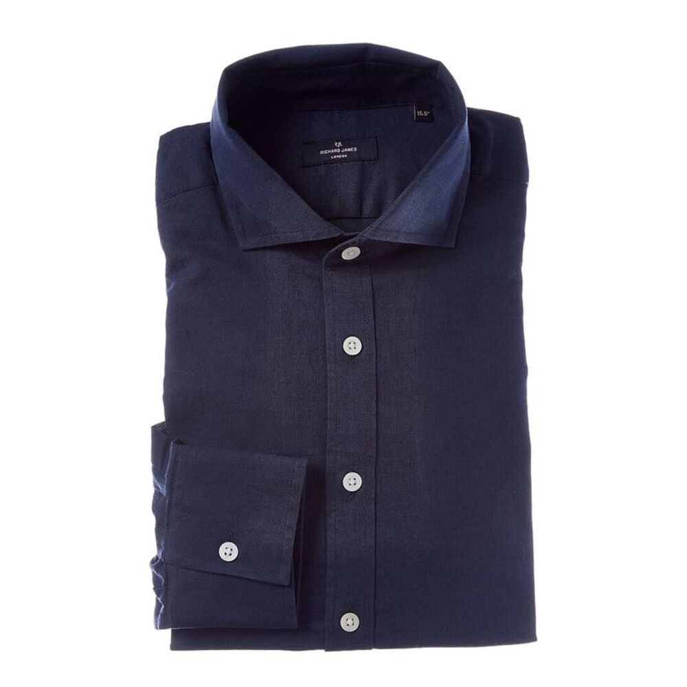 Richard James Mens Regular Collar Single Cuff Linen-Blend Dress Shirt, Blue